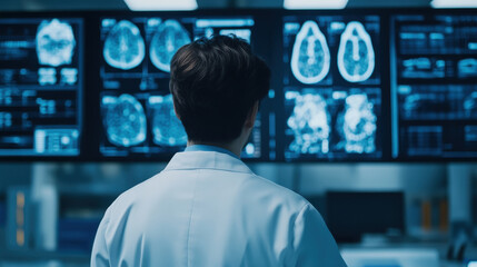 High tech medical workspace with doctor analyzing brain scans