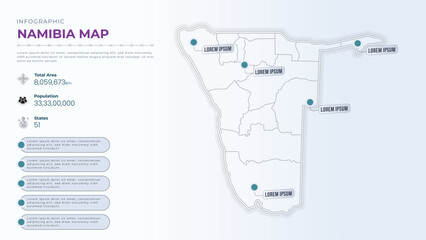 Total Area, Papulation, States & More Detailed Infographic Map of Namibia. Namibia country map infographic colored vector template with regions and pointer marks.