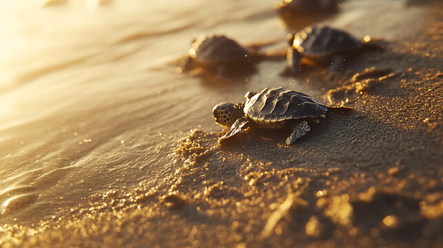 Baby turtles on sandy beach at sunrise heading towards ocean, captivating wildlife moment