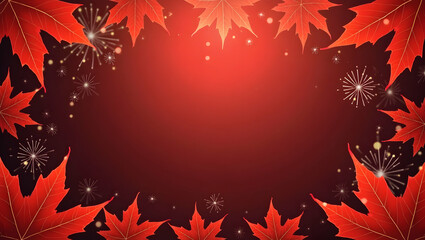Obraz premium Maple leaves and fireworks border frame with patriotic copy space for Canada Day concept as Elegant maple leaves and dazzling fireworks framing patriotic space for Canada Day messages in Photo Stock 