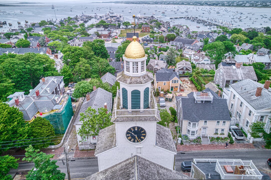 Aerial or rone view of the Nantucket Harbor and town on a cold, cloudy day