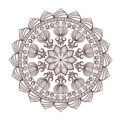 Intricate line art mandala illustration with floral patterns, swirls, and a detailed center design, isolated on a white background.