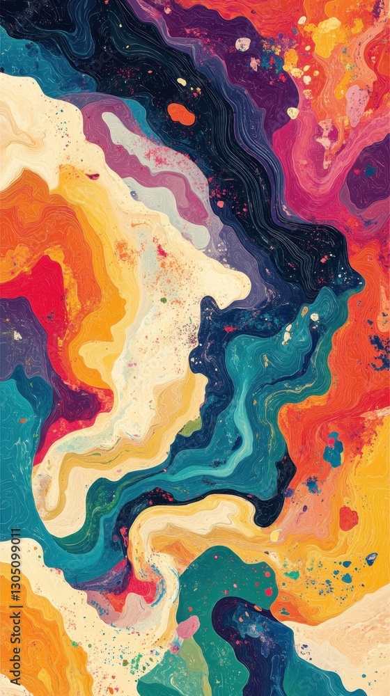 Poster vibrant abstract painting with fluid shapes and bold colors creating a dynamic and energetic composi