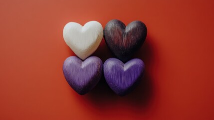 Fototapeta premium Four Wooden Hearts on Red Background
