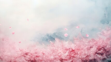 Fototapeta premium Surreal cherry blossom background with translucent pink petals merging into a misty sky