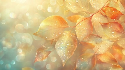 Fototapeta premium Morning dew shimmering on leaves in golden light set in a hazy glowing mist