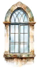 Watercolor painting depicting antique gothic window, transparent backdrop, ideal for vintage architectural graphic design projects