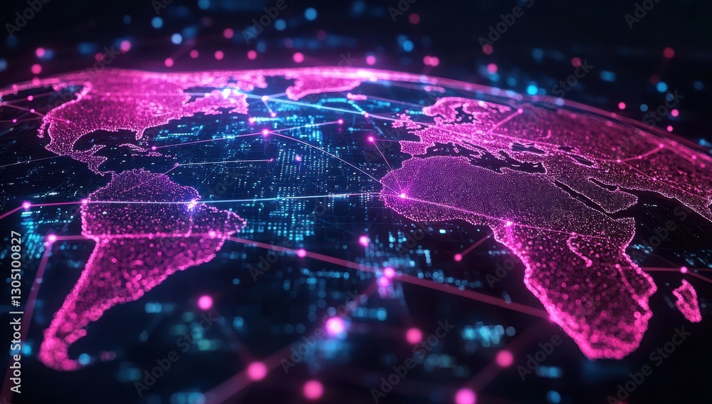 Poster abstract digital globe in vibrant pink and blue tones showcasing connected networks and data points 