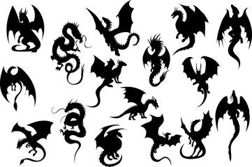 dragons set of black silhouettes, vector