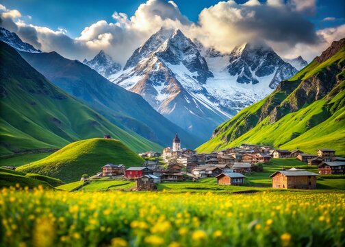 Caucasus Mountains, Juta Village Summer Landscape: Green Fields & Snowy Chaukhebi Peak