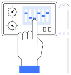 Hand interacting with control panel featuring sliders, knobs, and minimal graph. Ideal for technology, settings, interface design, data control, audio mixing, user interaction flat simple metaphor