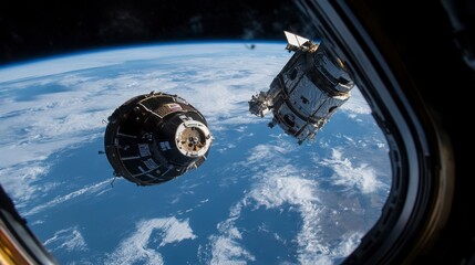 A close-up of a space capsule docking with a space station above Earth