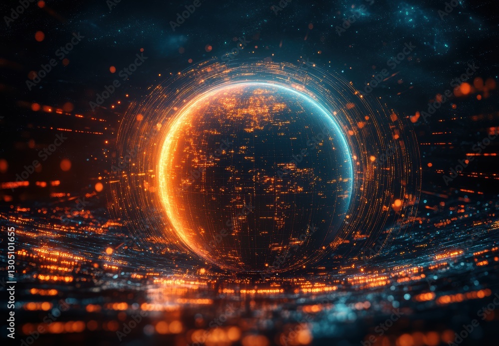 Poster abstract digital globe with glowing lines and vibrant colors creating a futuristic technological and