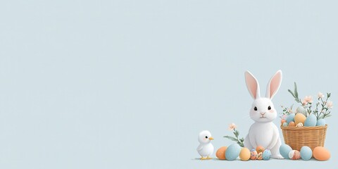 Fototapeta premium Easter Delight: A charming scene featuring a fluffy bunny and a cute chick amidst a pastel palette of Easter eggs, flowers, and a wicker basket, evoking the festive spirit of the season.