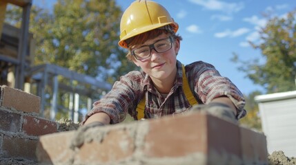 A teen bricklayer enthusiastically laying bricks at a small construction site.