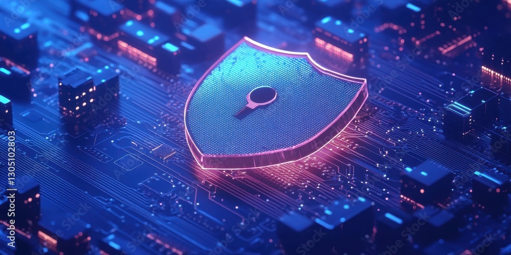 Poster abstract digital illustration of a glowing shield symbolizing cybersecurity on a circuit board backg