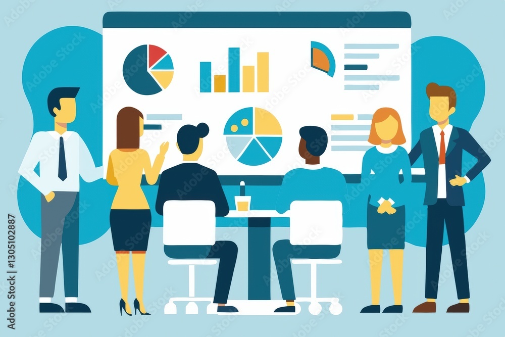 Poster a group of professionals is collaborating around a table, analyzing data displayed on a screen with 