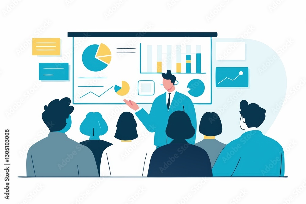 Poster a professional presentation showing a speaker explaining data on a screen to an audience, featuring 