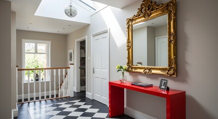 Stylish Hallway with Elegant Mirror and Striking Red Console Table