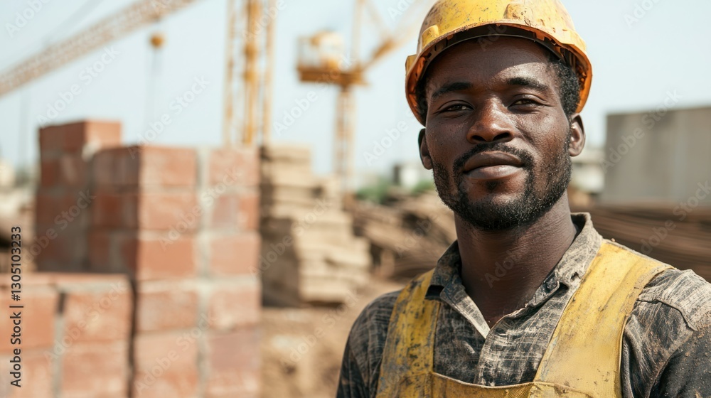Poster a portrait of a bricklayer with a newly built wall and cranes in the background.
