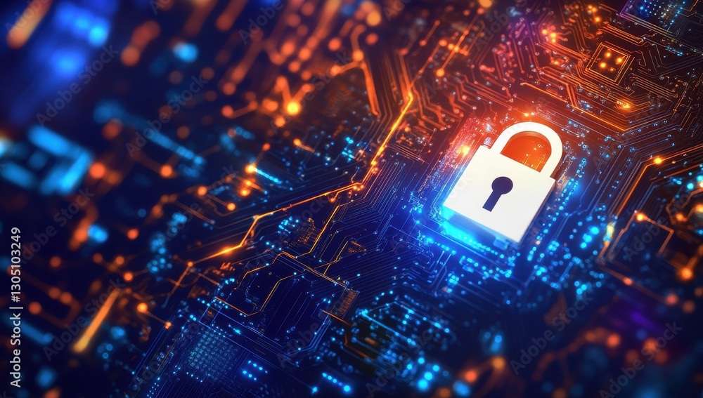Poster abstract digital illustration of a secure padlock symbol on a vibrant circuit board, representing da