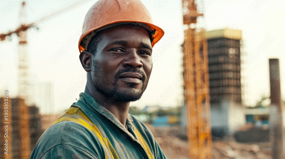 Poster a portrait of a bricklayer with a newly built wall and cranes in the background.