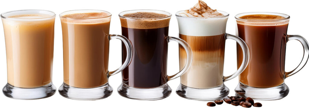 Assorted Coffee Drinks Espresso Latte Cappuccino Mocha Coffee in Glass Mugs