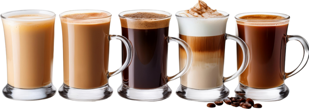 Assorted Coffee Drinks Espresso Latte Cappuccino Mocha Coffee in Glass Mugs