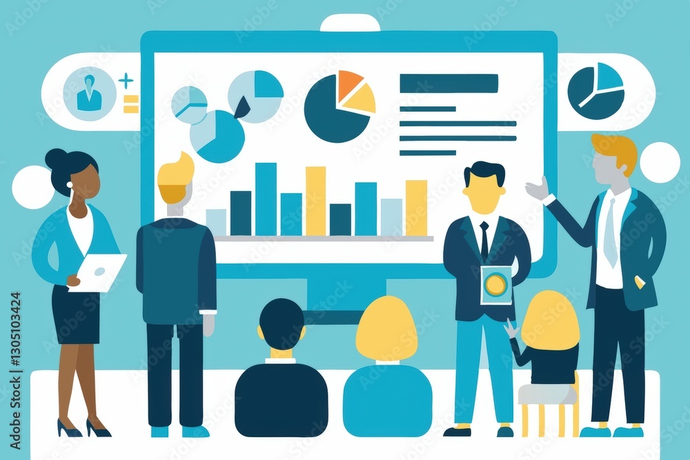 Poster a group of professionals presenting data and charts on a large screen during a business meeting or c