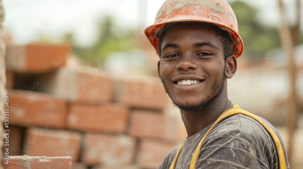 Poster a young bricklayer smiling while working on a small construction project.