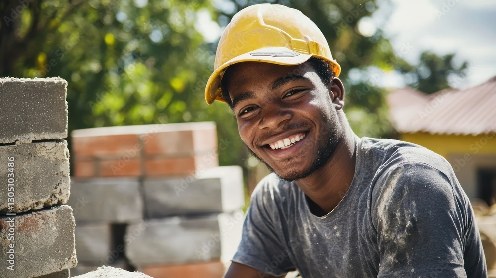 Aufkleber a young bricklayer smiling while working on a small construction project.