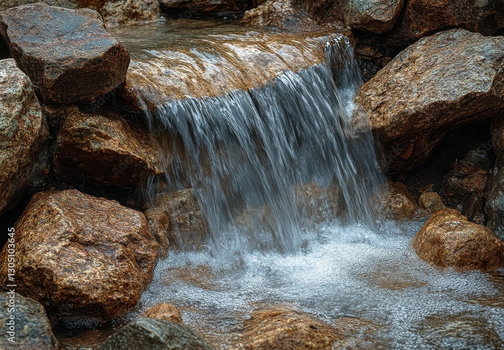 Poster serene waterfall cascading over smooth rocks in a tranquil natural setting with gentle ripples and f