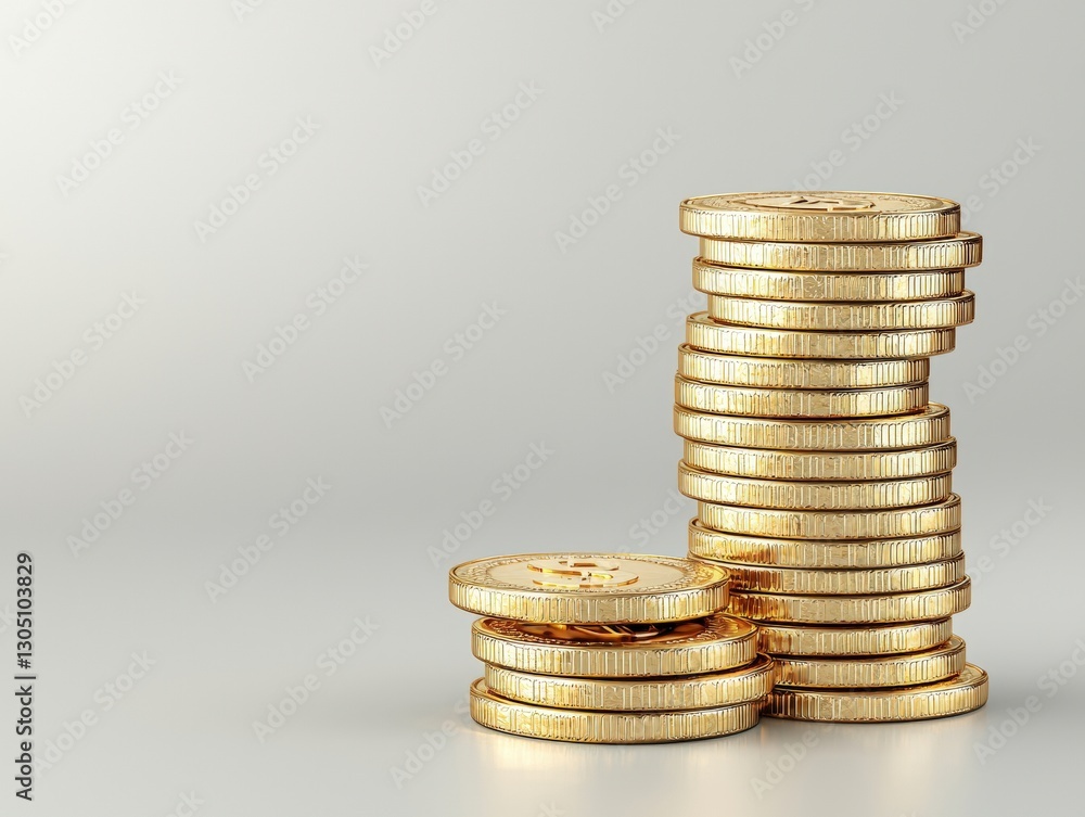 Poster a close-up view of a stack of shiny coins displaying various denominations and their intricate desig