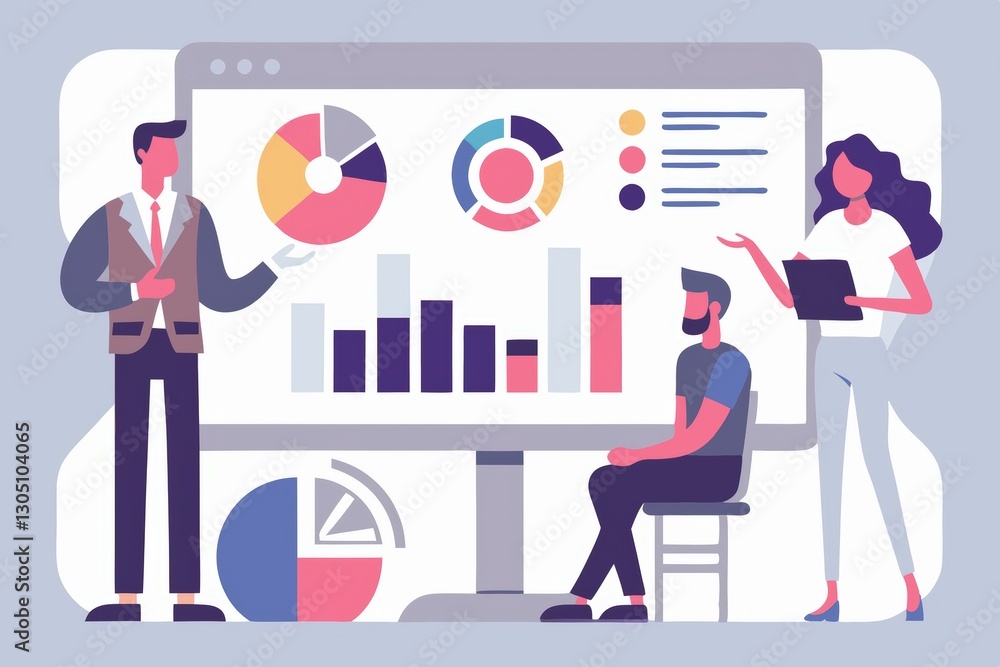 Poster a group of professionals analyze data on a large screen, showcasing charts and graphs during a busin