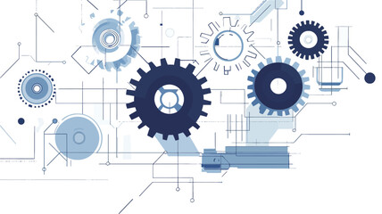 An abstract illustration featuring multiple interconnected gears of varying sizes, rendered in shades of dark blue against a white background.  Thin blue lines resembling circuitry or