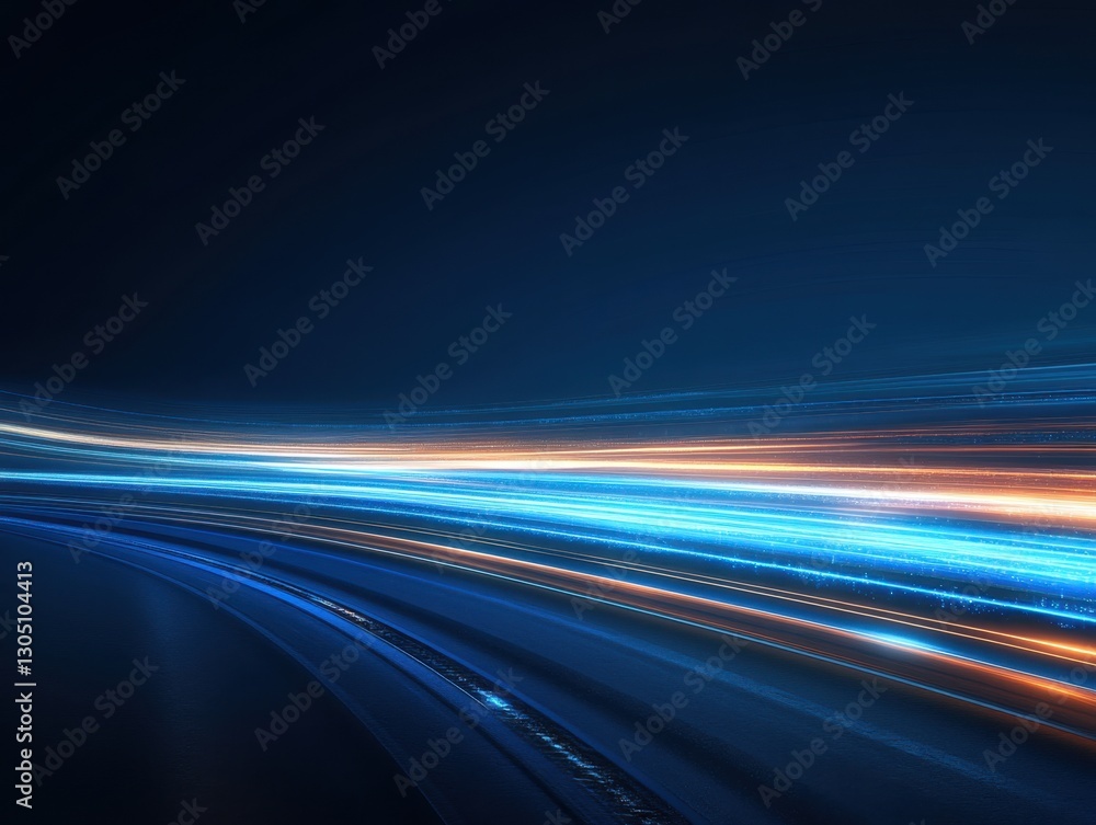 Poster dynamic abstract light trails on dark blue background conveying speed motion and future technology c
