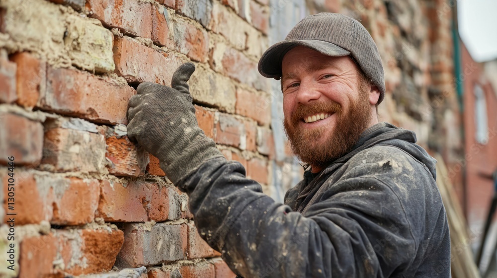 Poster a cheerful bricklayer giving a thumbs-up while working on a project.
