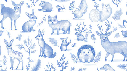 Forest animals seamless pattern. Deer, wolf, fox, boar, squirrel, bear, hare, hedgehog and badger. Hand drawing. Blue and white color. Vintage vector illustration. 