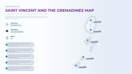 Total Area, Papulation, States & More Detailed Infographic Map of Saint Vincent and the Grenadines. Saint Vincent and the Grenadines country map infographic colored vector template with regions
