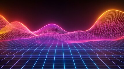 Fototapeta premium Neon Colored Grid and Wireframe Shapes on a Black Background