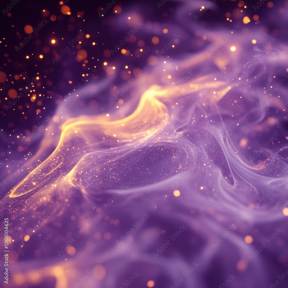 Poster ethereal purple smoke with golden sparkles creating a dreamy and magical atmosphere artistic renderi
