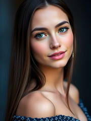 Obraz premium Portrait of Beautiful young woman with long straight brown hair.