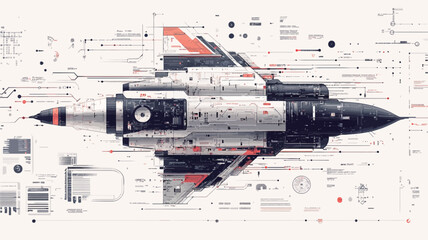 Naklejka premium The image is a stylized vector illustration of a jet fighter. The aircraft is depicted in a primarily black and dark grey color scheme with red and white accents on the wings. It's