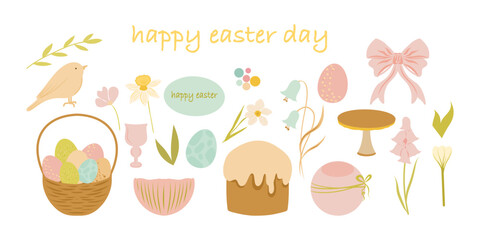 Happy easter day clipart, Cute Easter set of elements. Eggs, flowers, cake, bird. Spring set for poster, card, scrapbooking, stickers.
