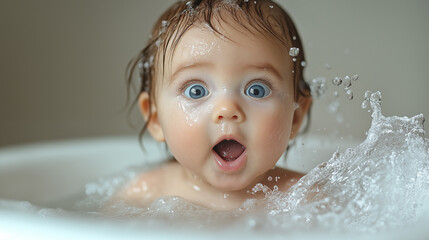 Cute baby with blue eyes bathes in a bathtub.