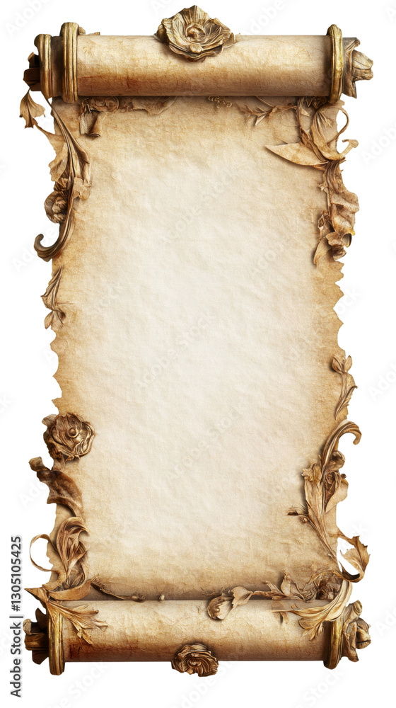 Poster antique parchment scroll with golden floral decorations on transparent background, creating a vintag