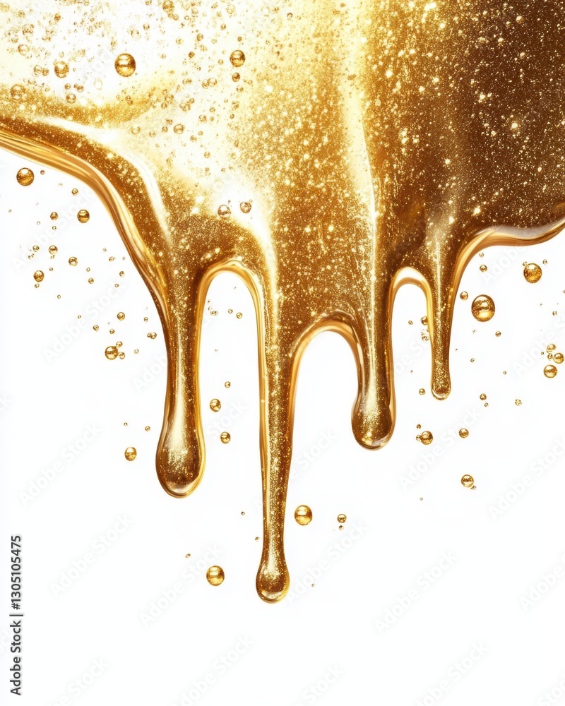 Poster dripping golden liquid with bubbles on a white background creating a luxurious and shimmering effect