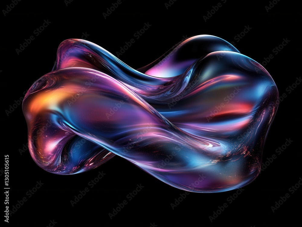 Poster abstract iridescent form on black backdrop with fluid dynamic motion and captivating color gradients