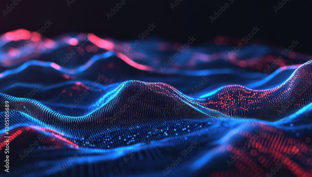 Poster abstract digital landscape with flowing waves of light, vibrant colors, and intricate patterns repre