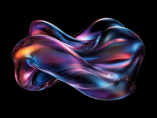 Abstract iridescent form on black backdrop with fluid dynamic motion and captivating color gradients for modern design